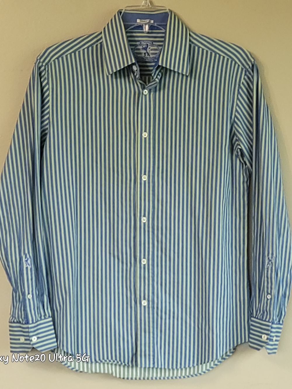 Bugatchi Uomo Cotton Striped Long Sleeve Dress Shirt Blue Green Size Medium